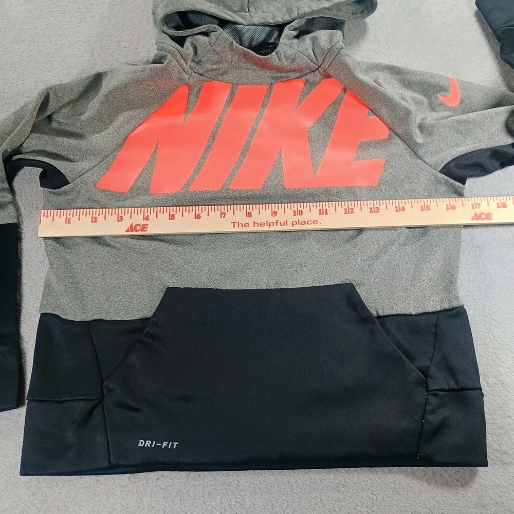 Nike Kids Dri-FIT Hoodie Grey Black Orange Size 5 Graphic Pullover
